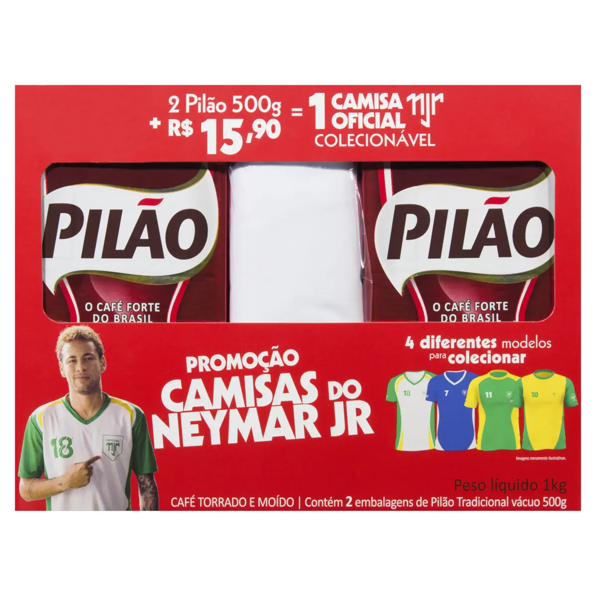 Kit 2 Cafés Torrado E Moído A Vácuo Tradicional 500g 1 Camisa Oficial Colecionável Branca Neymar Jr