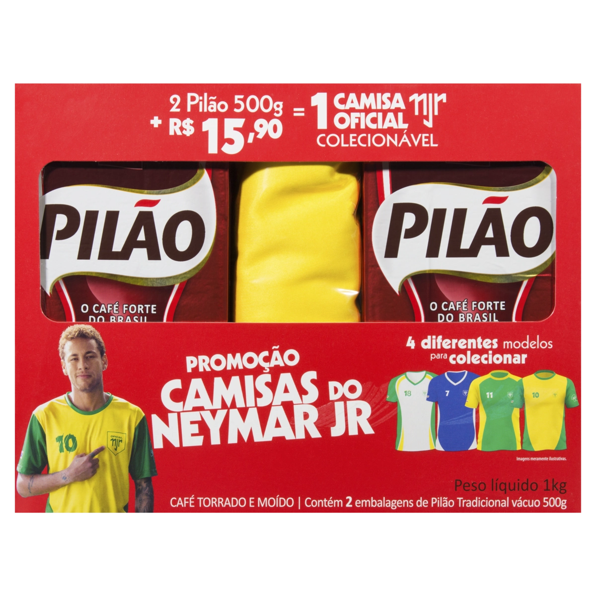 Kit 2 Cafés Torrado E Moído A Vácuo Tradicional 500g 1 Camisa Oficial Colecionável Amarela Neymar Jr