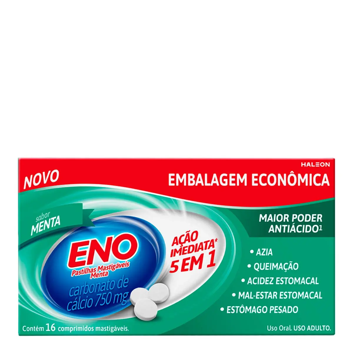 Eno 750mg Pastilhas Mastigáveis Sabor Menta Embalagem Econômica 16 Unidades