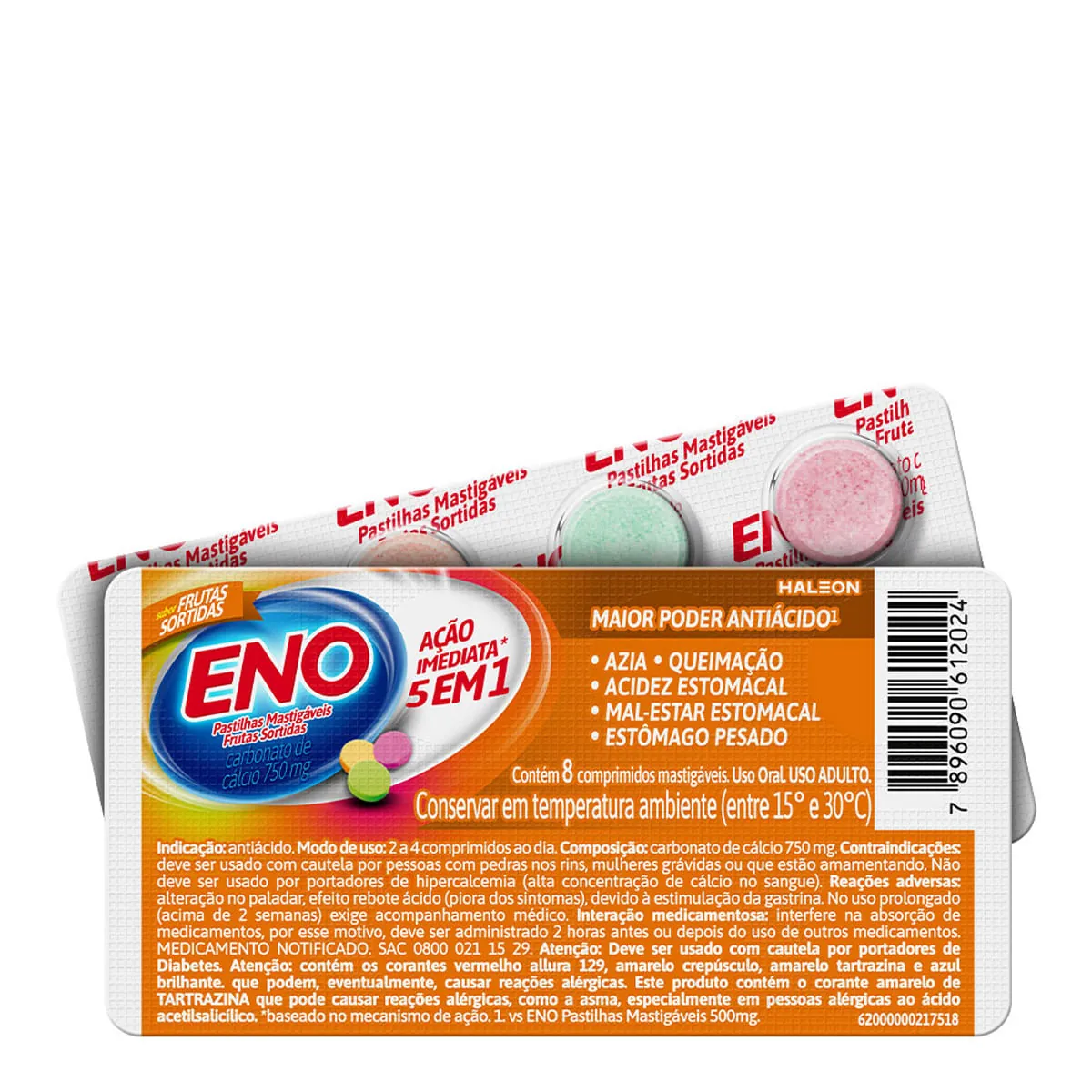 Antiácido 750mg Pastilhas Mastigáveis Eno Sabor Frutas Sortidas Com 8 Pastilhas