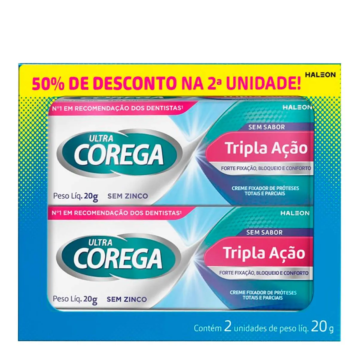 Pack Fixador De Dentadura Creme Sem Sabor Ultra Corega Tripla Ação Caixa 2 Unidades 20g Cada Grátis