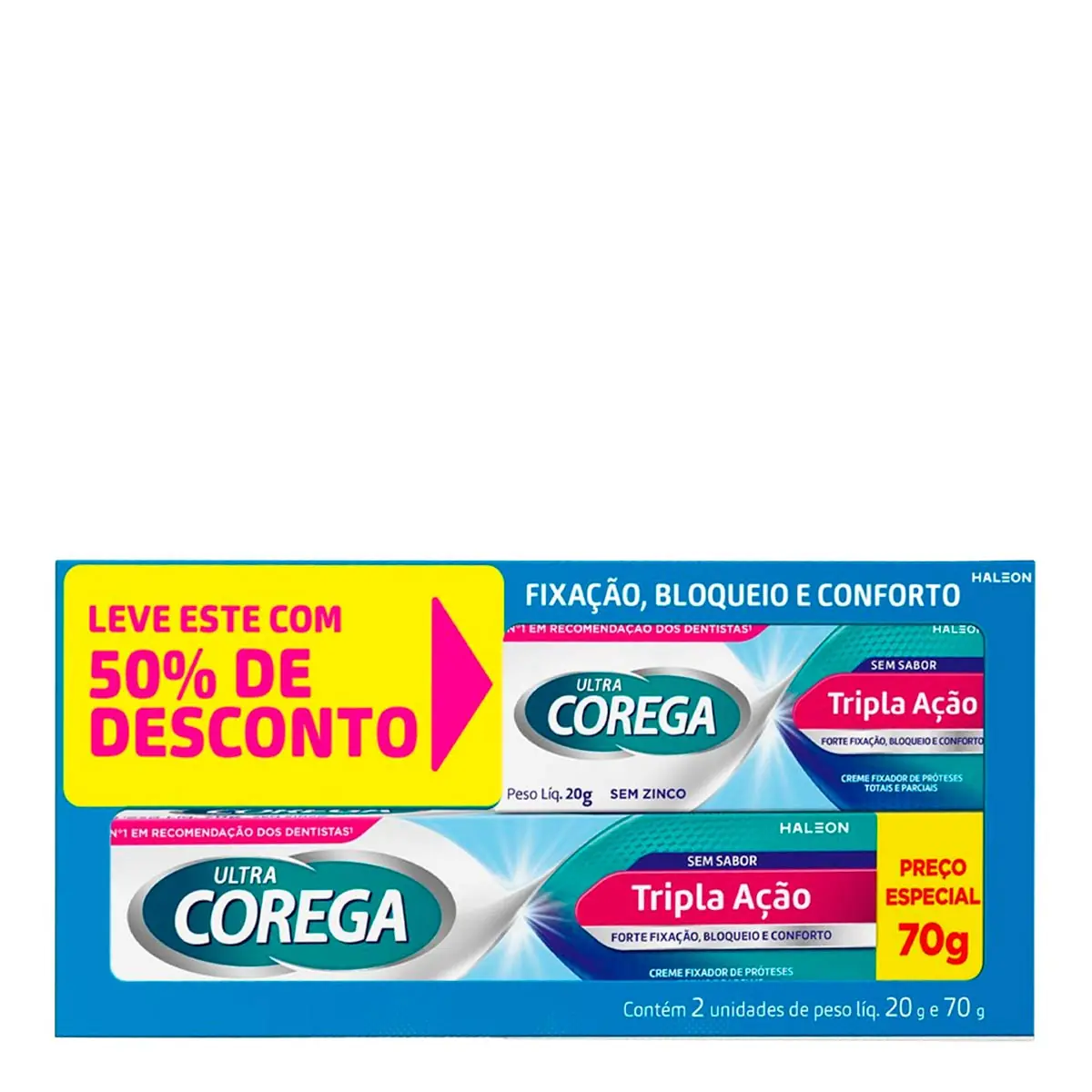 Kit Fixador De Dentadura Creme Sem Sabor Ultra Corega Tripla Ação 70g 20g Grátis 50 De Desconto