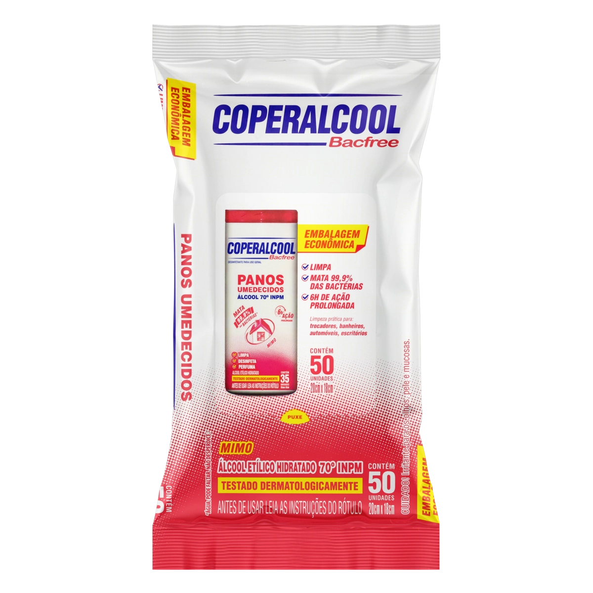 Pano Umedecido Com álcool 70° Inpm Mimo Coperalcool Bacfree Pacote 50 Unidades Embalagem Econômica