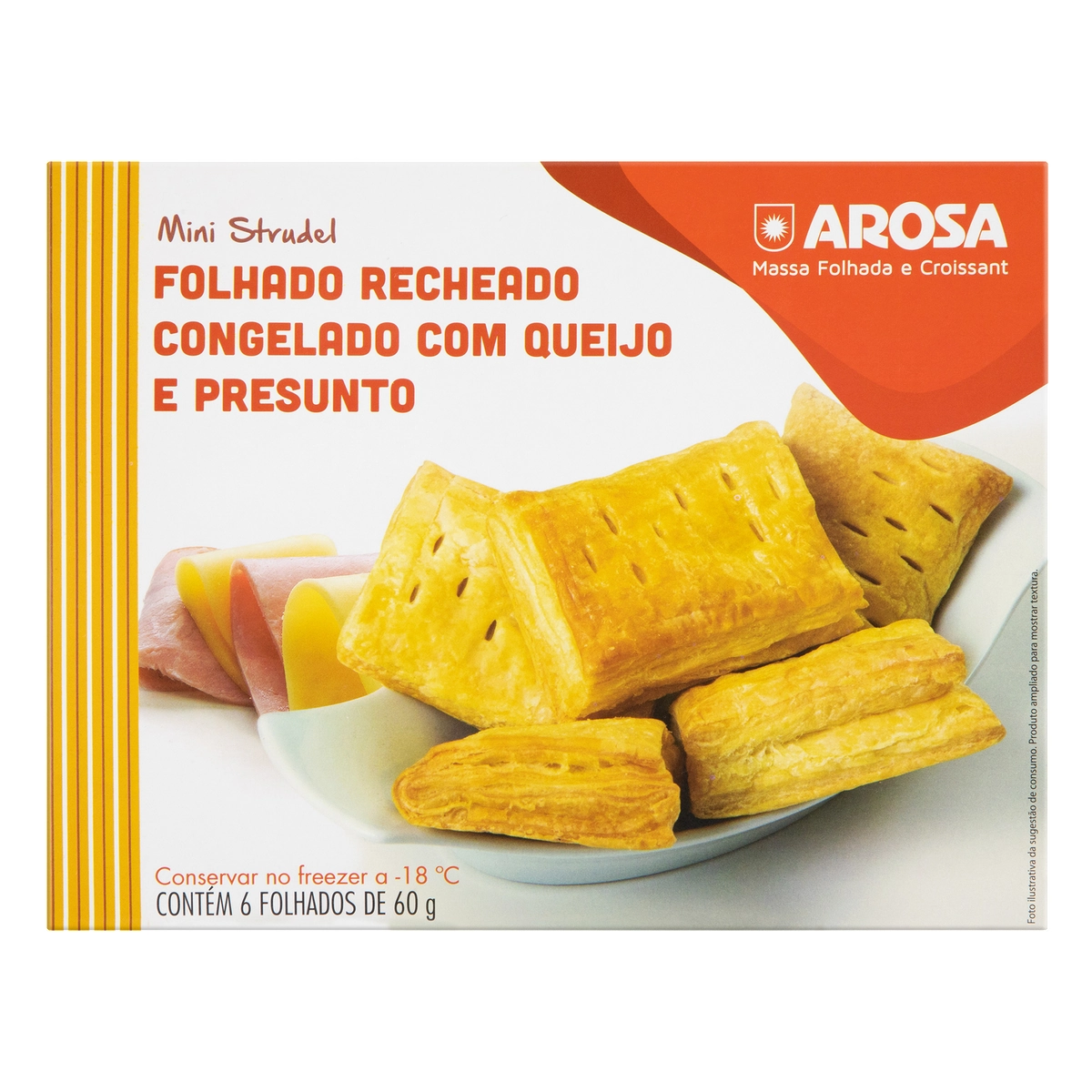 Mini Strudel Congelado Recheio Queijo E Presunto Arosa Caixa 6 Unidades 60g Cada