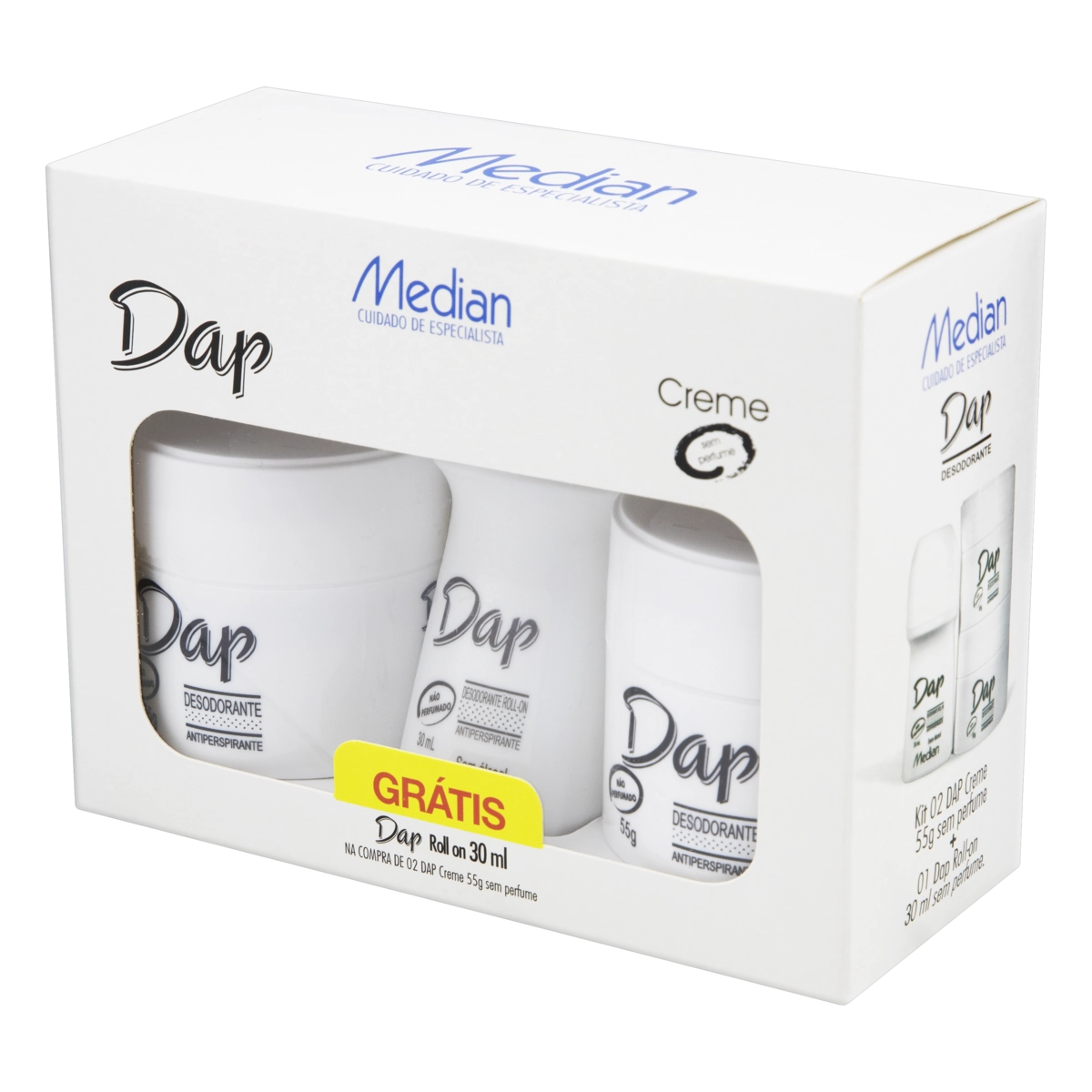 Kit 2 Desodorantes Creme Sem Perfume Median Dap 55g Cada Grátis 1 Desodorante Roll On 30ml