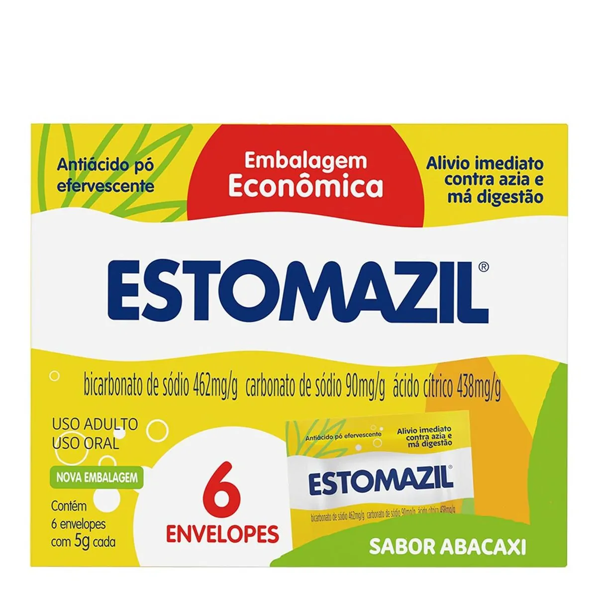 Pó Efervescente Estomazil Sabor Abacaxi Com 6 Envelopes de 5g Cada