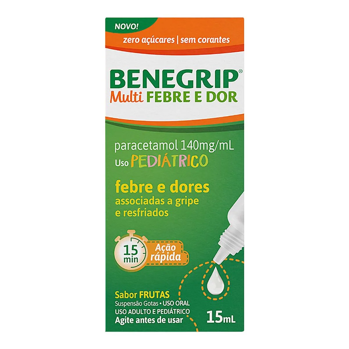 Benegrip Multi Febre e Dor Pediátrico Paracetamol 140 mg/ml Frutas Suspensão Gotas com 15 ml