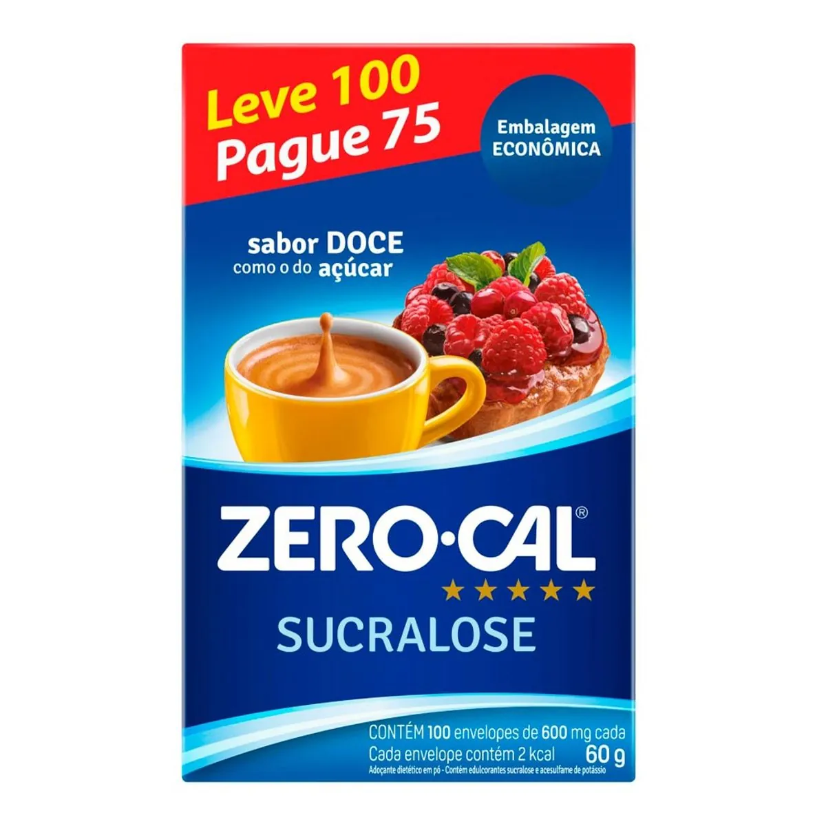 Adoçante em Pó Sucralose Zero Cal Caixa 60g Embalagem Econômica Leve 100 Pague 75 Unidades