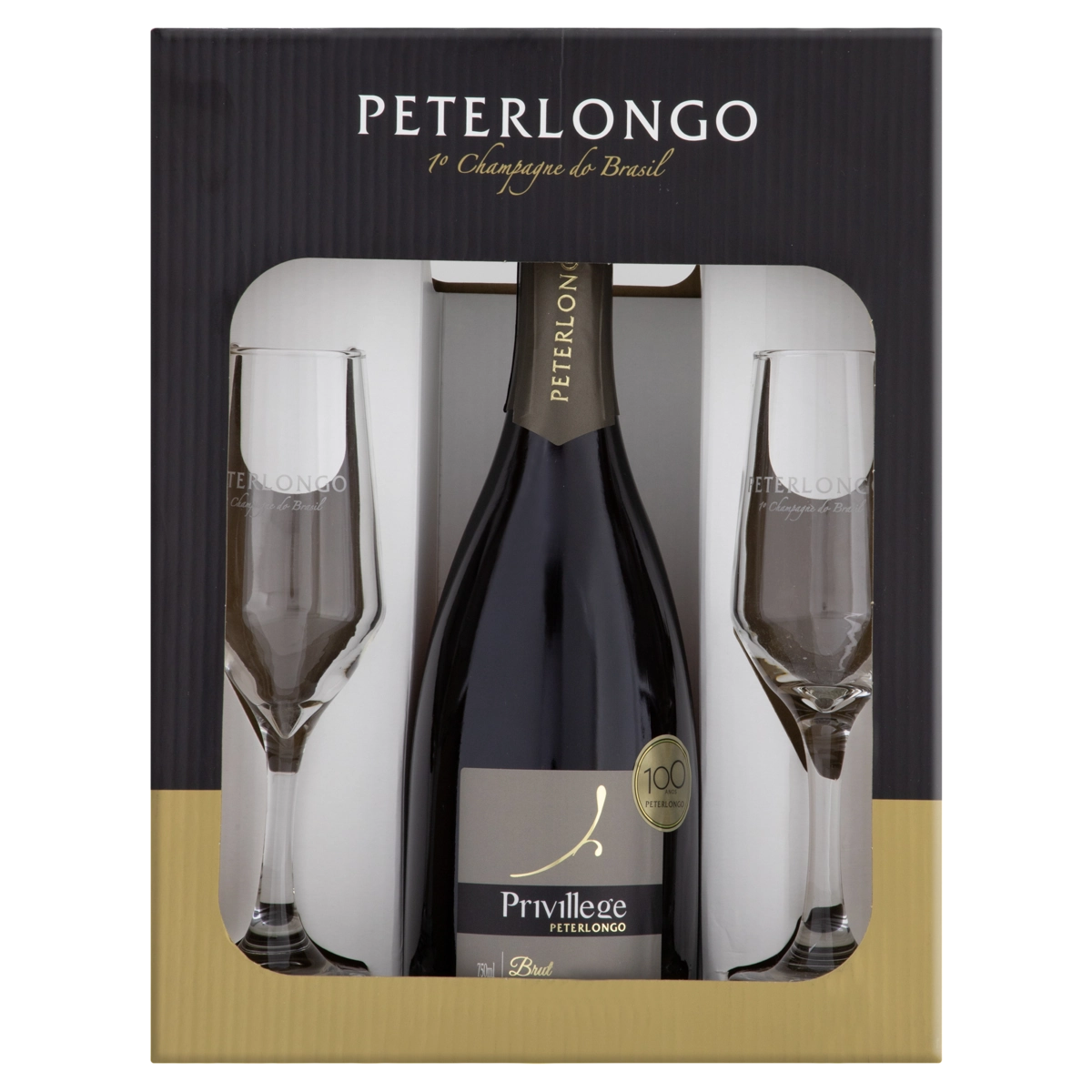 Kit Espumante Brasileiro Branco Brut Peterlongo Privillege Serra Gaúcha Garrafa 750ml 2 Taças