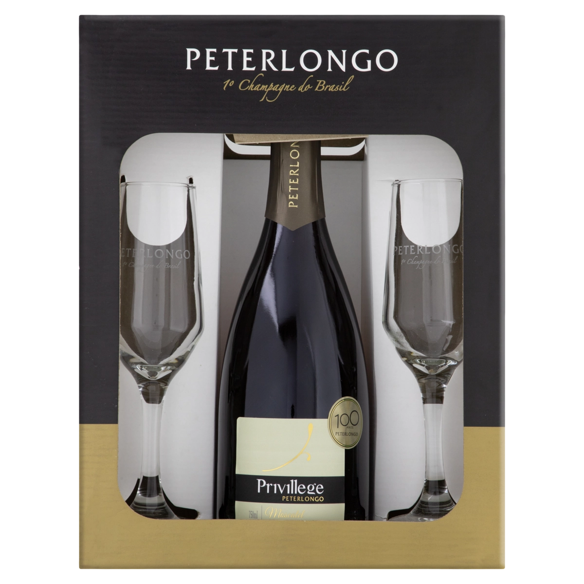 Kit Espumante Brasileiro Branco Peterlongo Privillege Moscatel Serra Gaúcha Garrafa 750ml 2 Taças