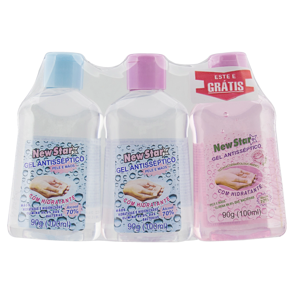 Pack álcool Em Gel 70 Inpm New Star Frasco 90g Cada Leve 3 Pague 2 Unidades