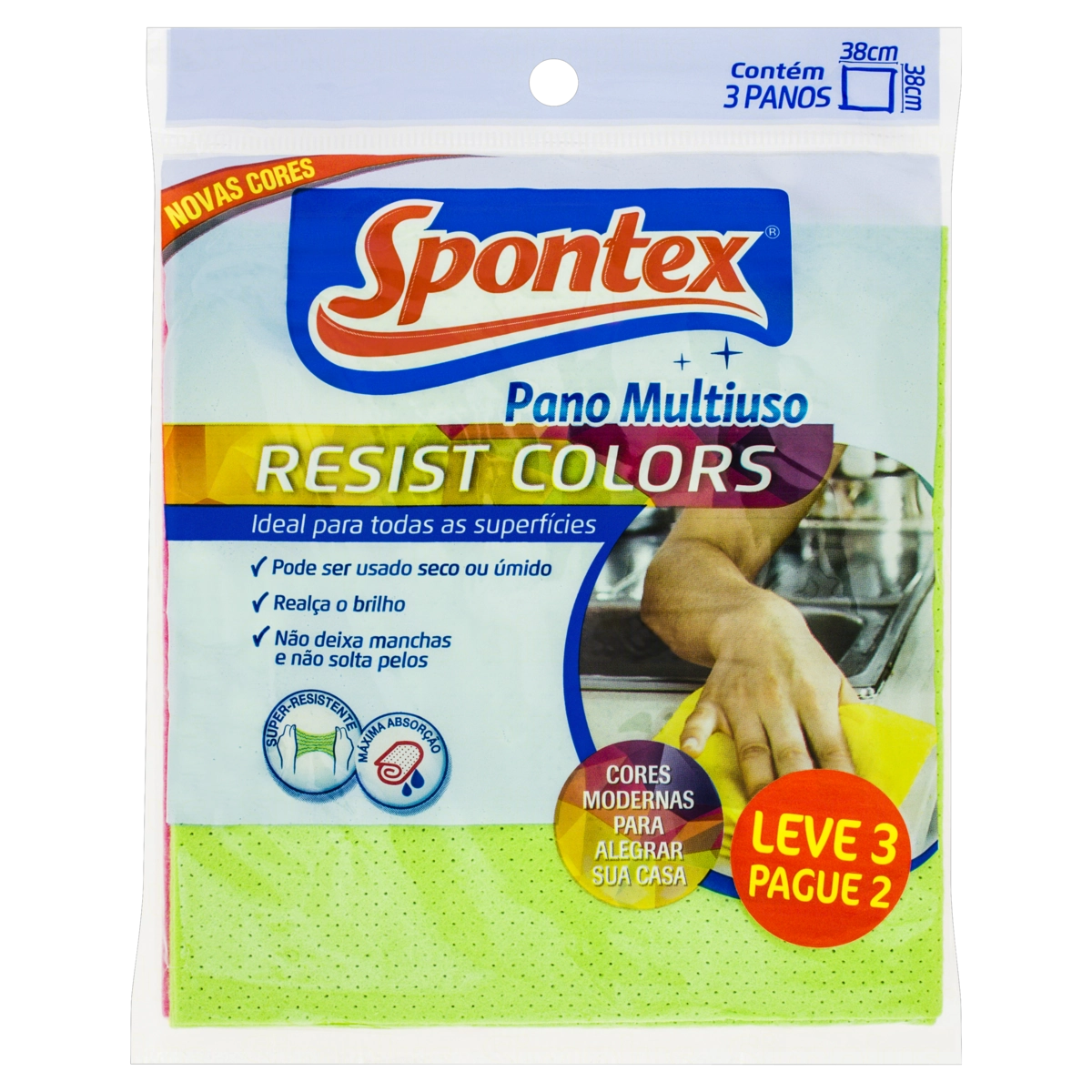Pano Multiuso Resist Colors Spontex 38cm X 38cm Leve 3 Pague 2 Unidades