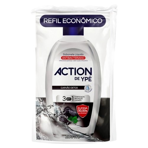 Sabonete Líquido Antibacteriano Action De Ypê Carvão Detox Pouch 200ml Refil Econômico