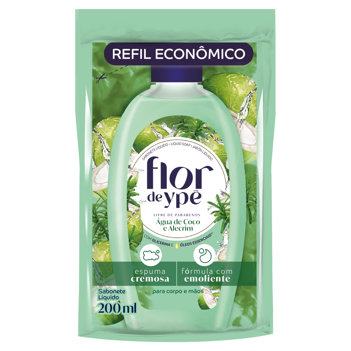 Sabonete Líquido água De Coco E Alecrim Flor De Ypê Sachê 200ml Refil Econômico