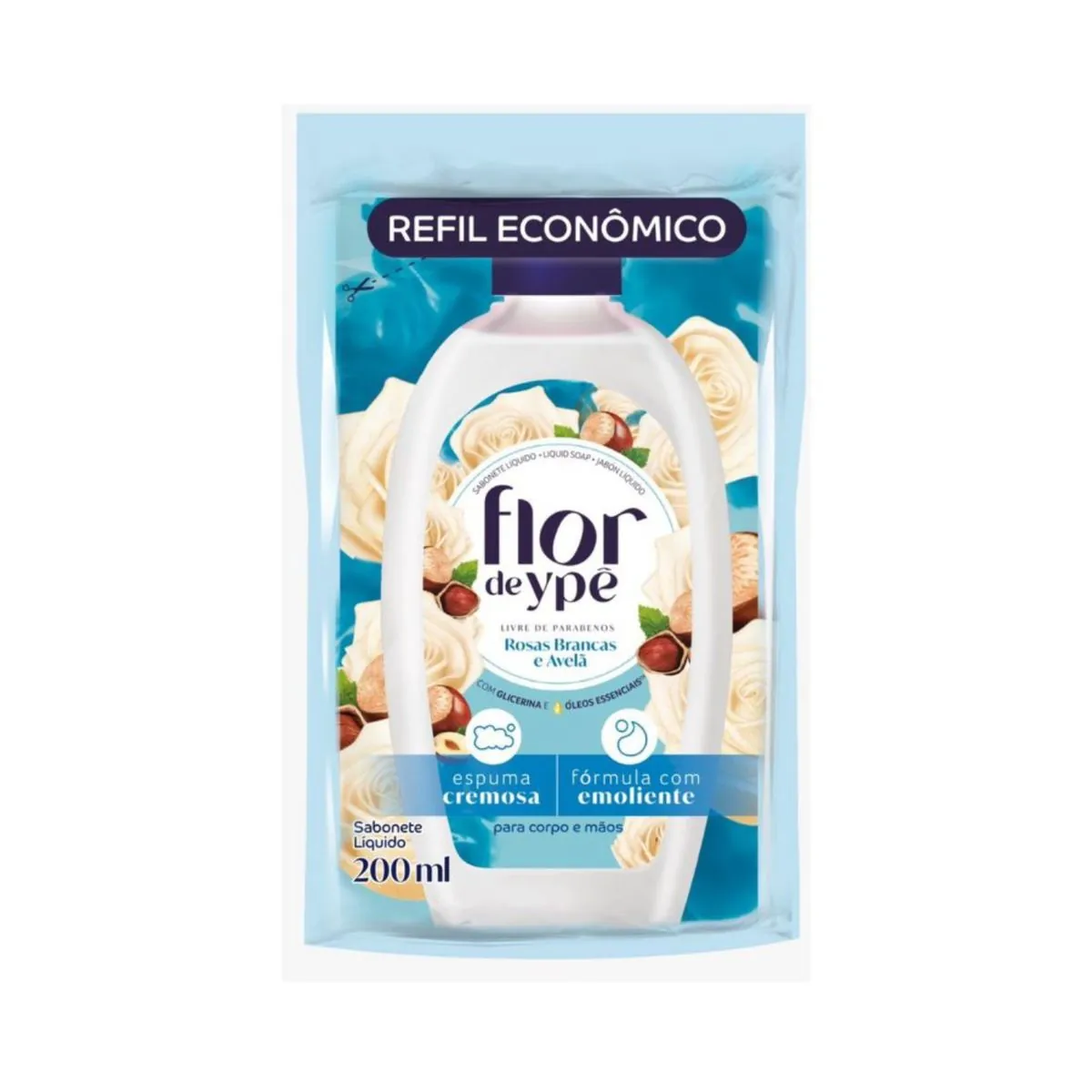 Sabonete Líquido Mãos e Corpo Rosas Brancas e Avelã Flor de Ypê Sachê 200ml Refil Econômico