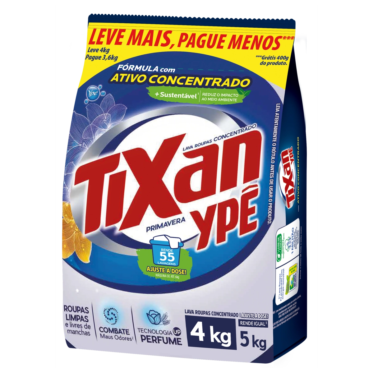 Lava Roupas Pó Concentrado Primavera Tixan Ypê Pacote Leve 4kg Pague 3,6kg