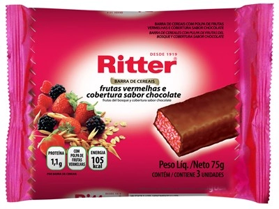 Pack Barra De Cereal Frutas Vermelhas Cobertura Chocolate Ritter Pacote 75g 3 Unidades