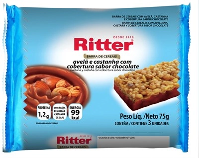 Pack Barra De Cereal Avelã E Castanha Cobertura Chocolate Ritter Pacote 75g 3 Unidades