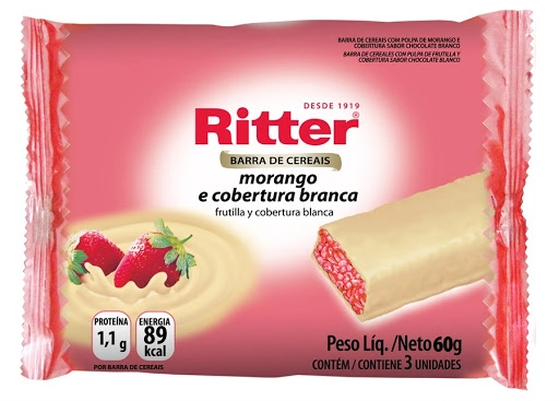 Pack Barra De Cereal Morango Cobertura Branca Ritter Pacote 60g 3 Unidades
