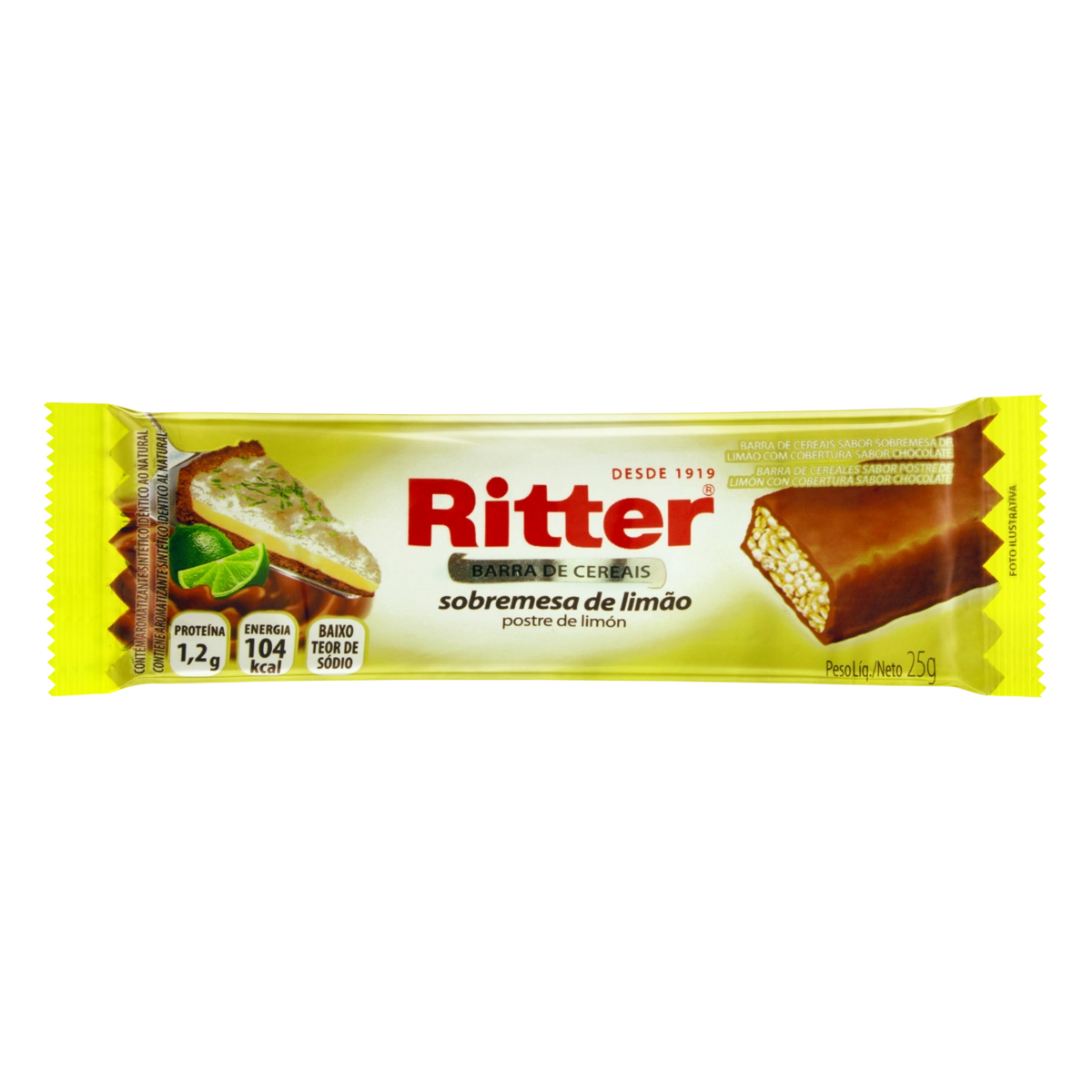 Barra De Cereal Sobremesa De Limão Cobertura Chocolate Ritter Pacote 25g