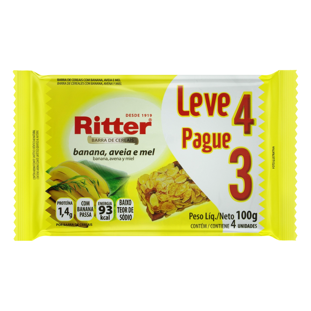 Pack Barra De Cereal Banana, Aveia E Mel Ritter Pacote 100g Leve 4 Pague 3 Unidades