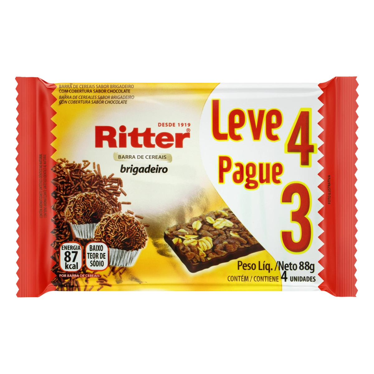 Pack Barra De Cereal Brigadeiro Cobertura Chocolate Ritter Pacote 88g Leve 4 Pague 3 Unidades