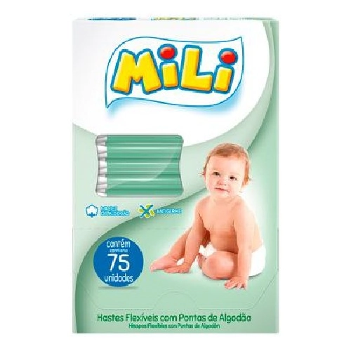 Cotonete Hastes Flexiveis 6 caixas c/ 75 unidades Biodegradável - MILI (Total: 450 hastes)