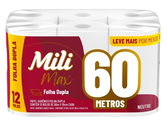 Papel Higiênico Mili  60m Folha Dupla  Neutro -12 rolos