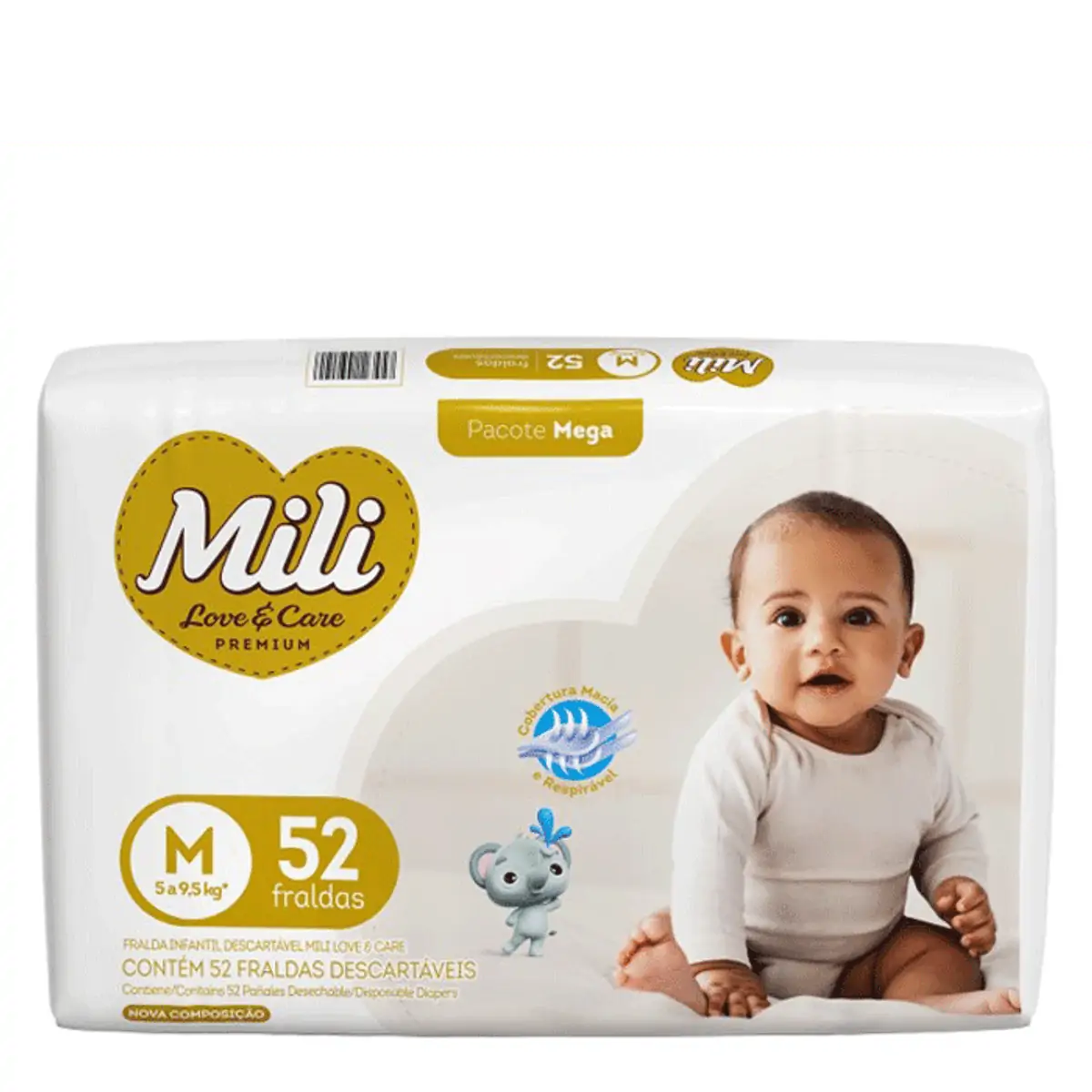 Fralda Descartável Infantil Mili Love Care M Pacote 52 Unidades