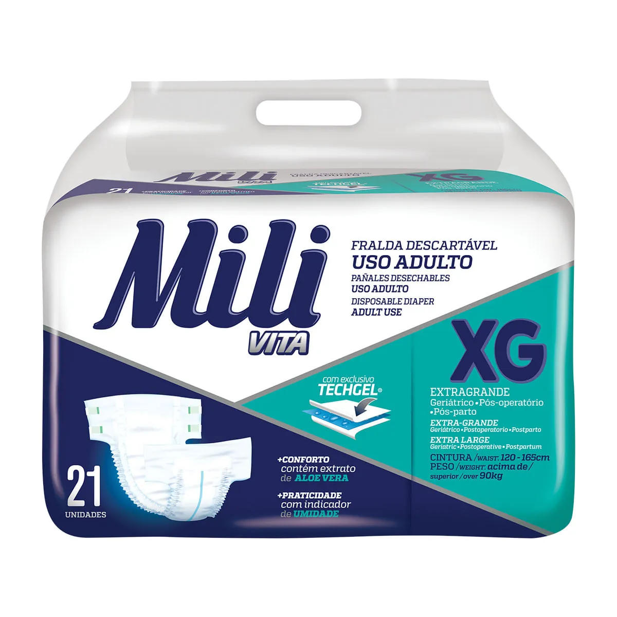 Fralda Geriatrica Adulto Mili Vita Tam XG 21 Fraldas com Gel Super Absorvente Conforto e Proteção