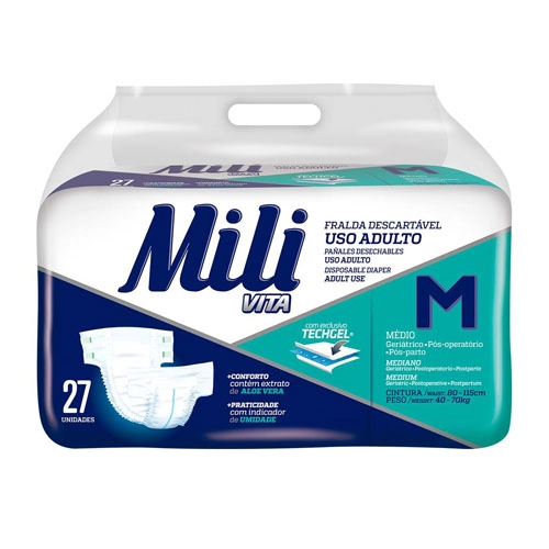 Fralda Geriatrica Adulto MILI VITA Tam M 27 Fraldas com Super Gel Absorvente Conforto e Proteção