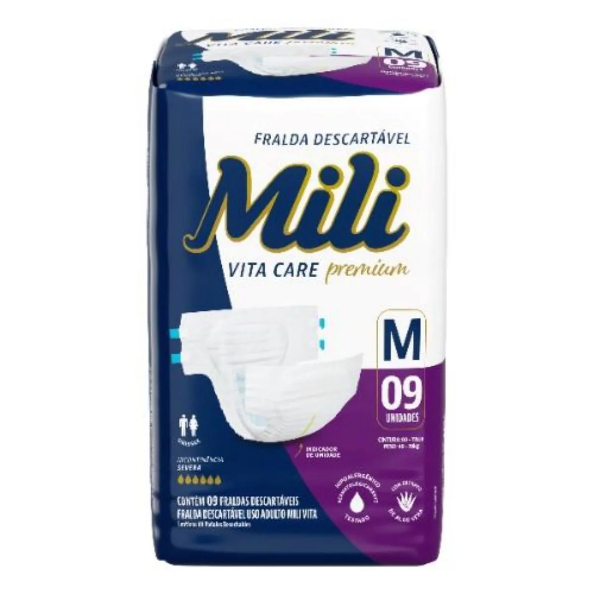 Fralda Descartável Adulto Mili Vita M Pacote 9 Unidades