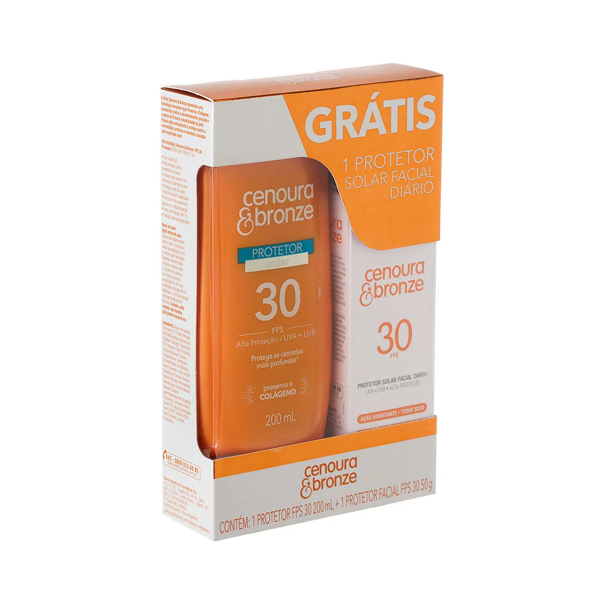 Kit Protetor Solar Cenoura &amp; Bronze FPS30 200ml + Grátis Protetor Facial FPS30 50g