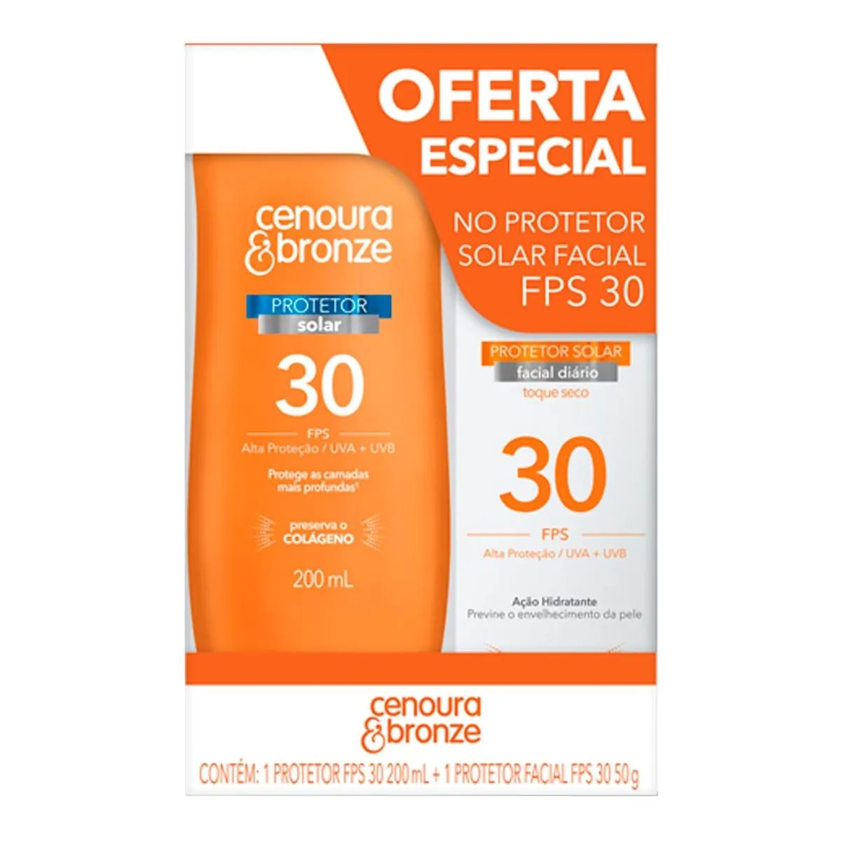 Kit Protetor Solar Fps 30 200ml Protetor Solar Facial Toque Seco Fps 30 50g Cenoura Bronze