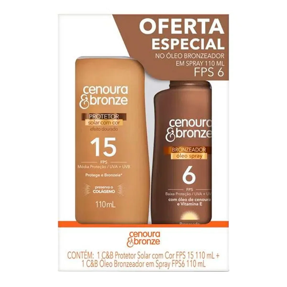 Kit Protetor Solar Com Cor Fps 15 Bronzeador Spray óleo Fps 6 Cenoura Bronze 110ml Cada