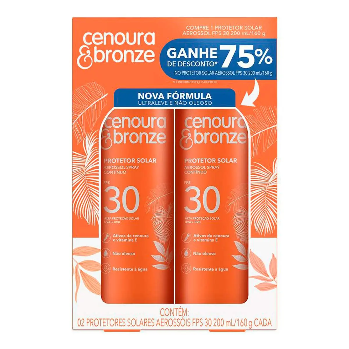 Protetor Solar Aerossol Fps 30 Cenoura Bronze 200ml Com 2 Unidades