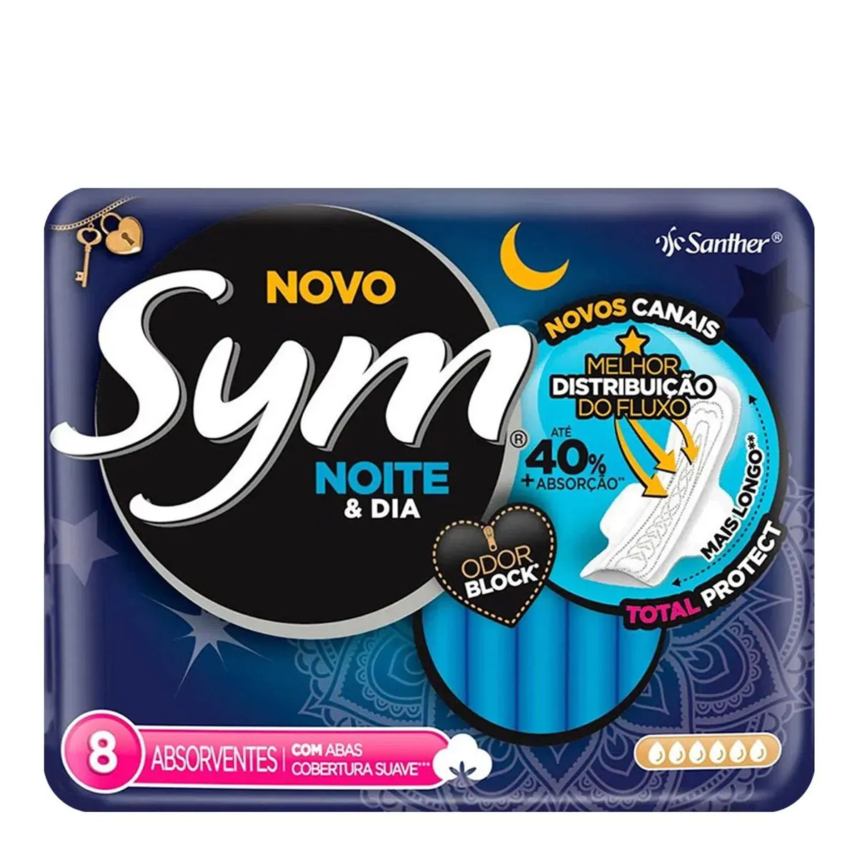 Absorvente Com Abas Noite E Dia Total Protect Suave Sym Pacote 8 Unidades