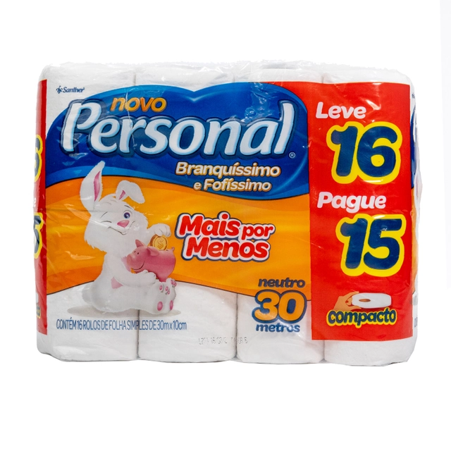 Papel Higiênico Folha Simples Neutro Personal 30m Pacote Leve 16 Pague 15 Unidades