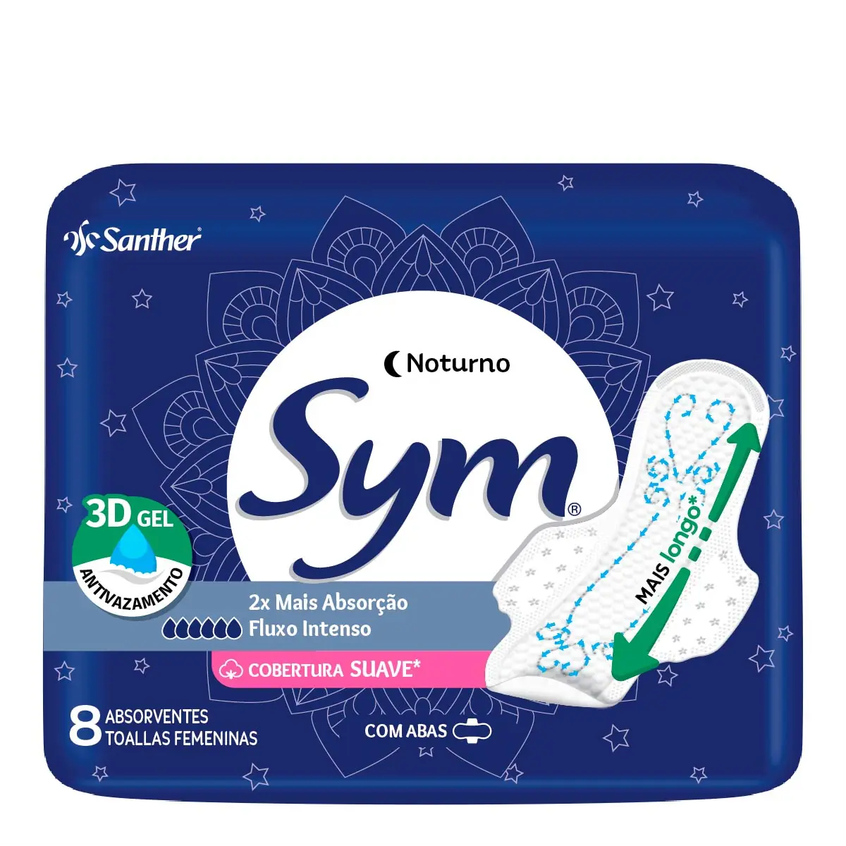 Absorvente Com Abas Noite E Dia Total Protect Suave Sym Pacote Leve 8 Pague 7 Unidades