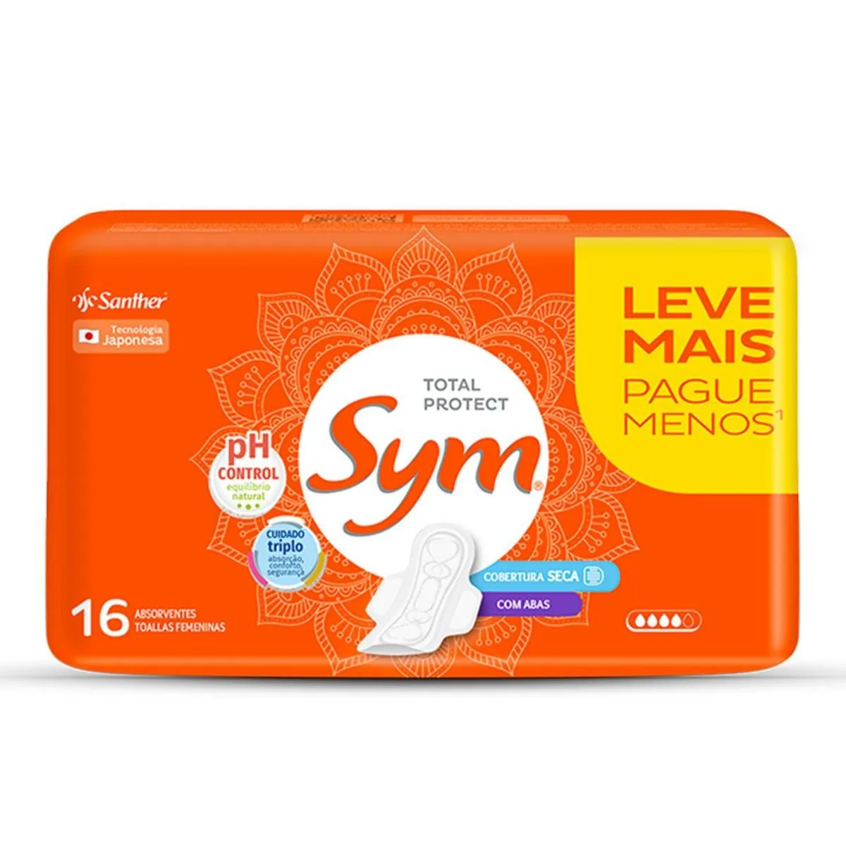 Absorvente Sym Total Protect Seca com Abas com Leve 16 Unidades Pague 14 Unidades