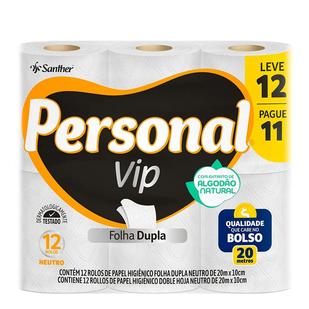 Papel Higiênico Folha Dupla Neutro Personal Vip 20m Pacote Leve 12 Pague 11 Unidades