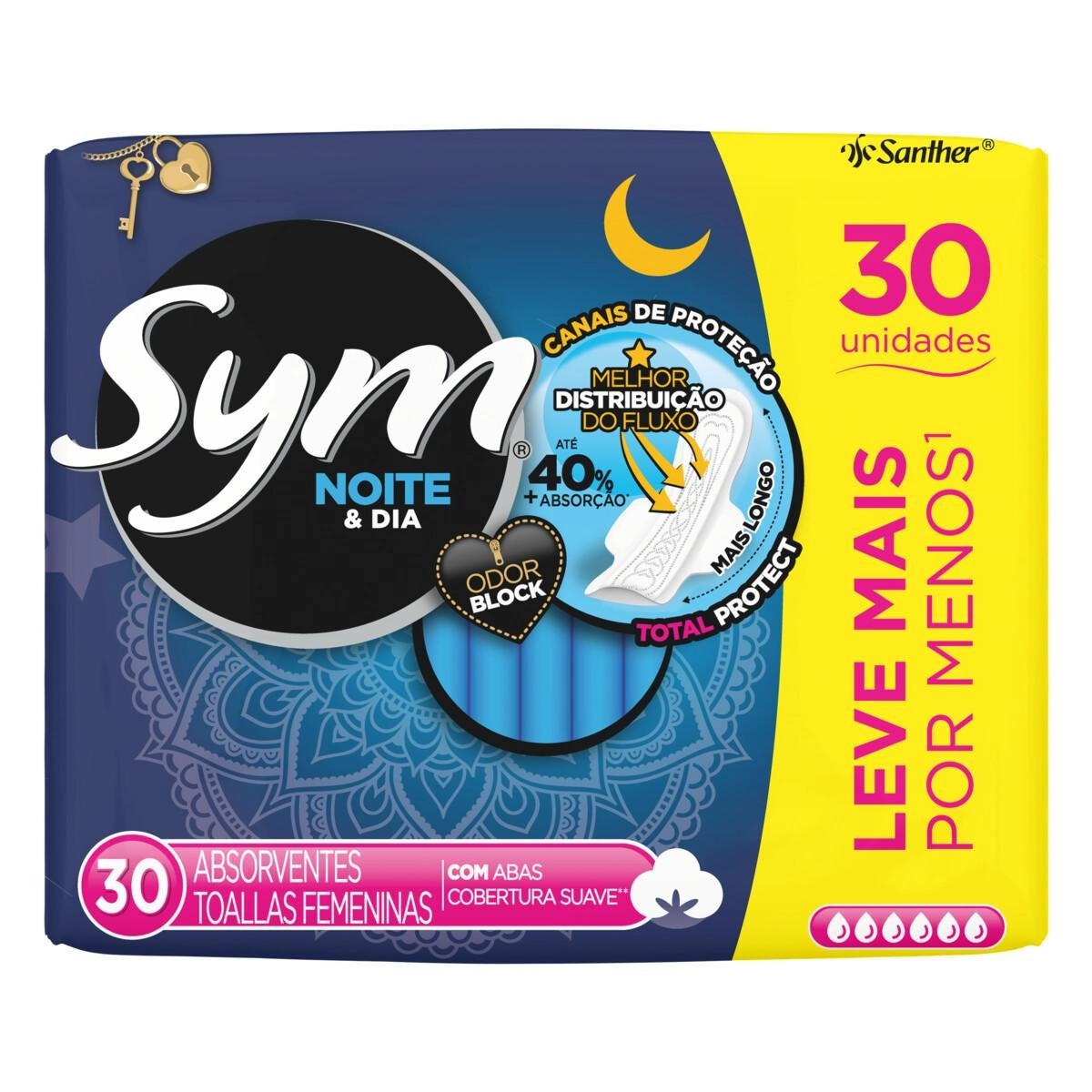 Absorvente Com Abas Noite E Dia Total Protect Suave Sym Pacote 30 Unidades Leve Mais Pague Menos