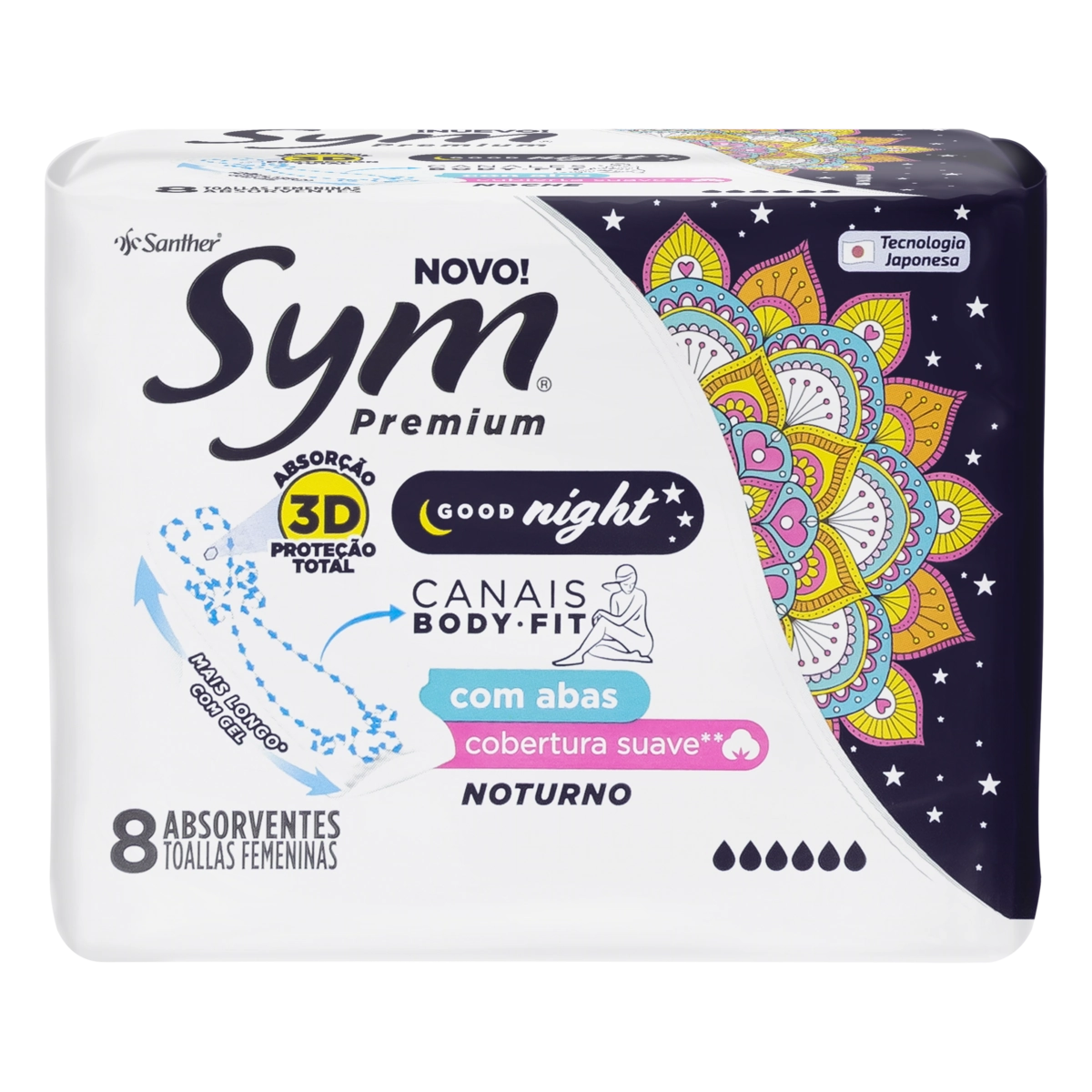 Absorvente Com Abas Noite E Dia Ultra Respirável Suave Sym Premium Pacote 8 Unidades