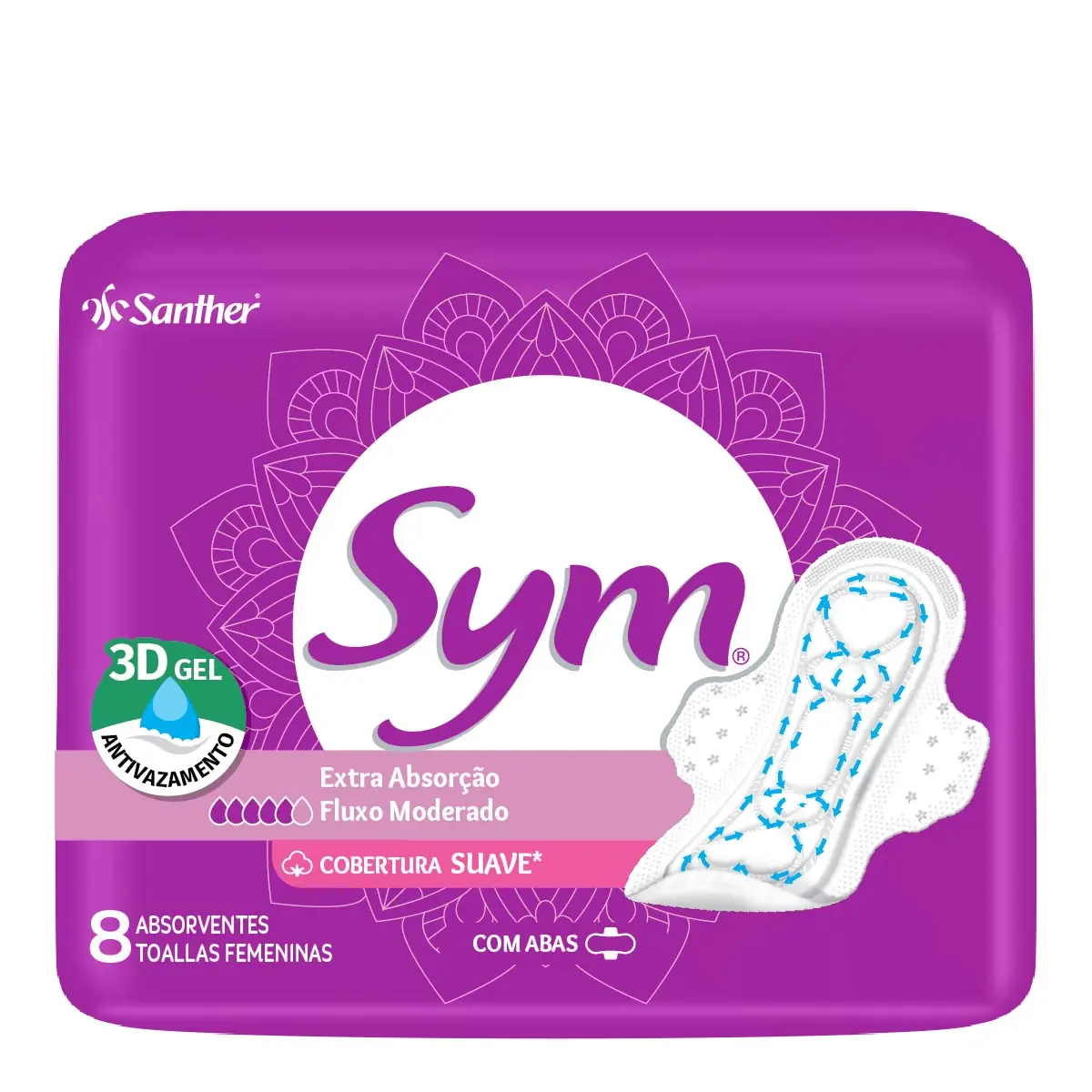 Absorvente Com Abas Ultra Respirável Suave Sym Premium Pacote 8 Unidades