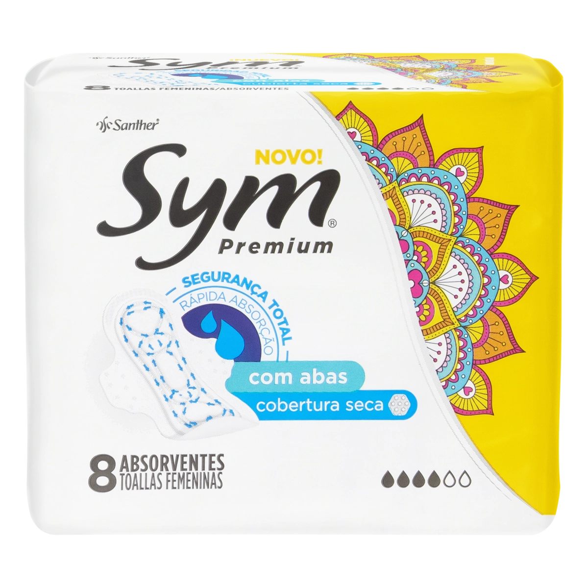 Absorvente Com Abas Ultra Respirável Seca Sym Premium Pacote 8 Unidades