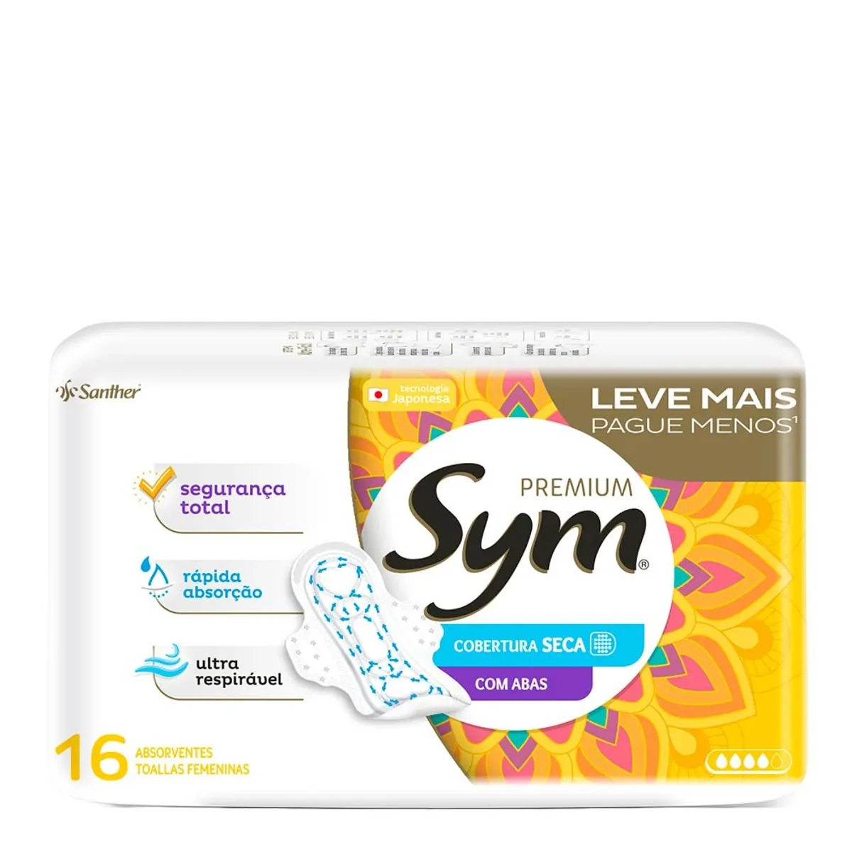 Absorvente Premium Cobertura Seca com Abas SYM 16 unidades
