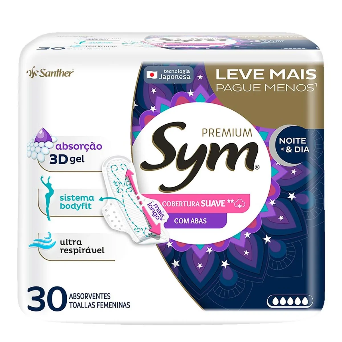 Absorvente Com Abas Noite E Dia Ultra Respirável Suave Sym Premium Pacote 30 Unidades Leve Mais Pagu