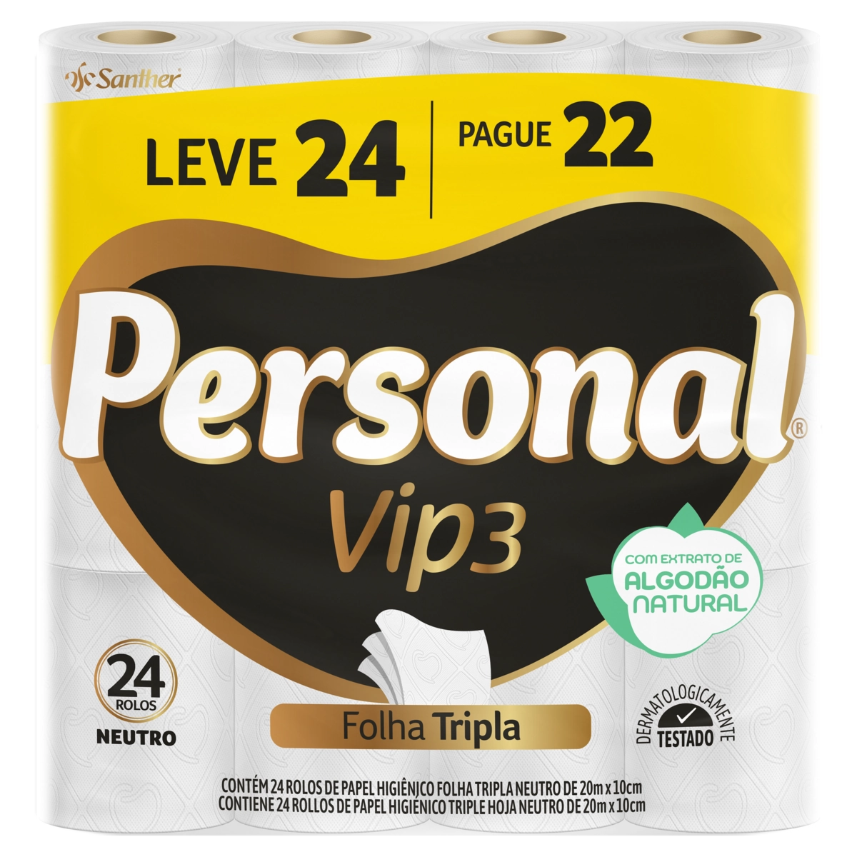 Papel Higiênico Folha Tripla Neutro Personal Vip3 20m Pacote Leve 24 Pague 22 Unidades