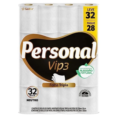 Papel Higiênico Folha Tripla Neutro Personal Vip3 20m Pacote Leve 32 Pague 28 Unidades