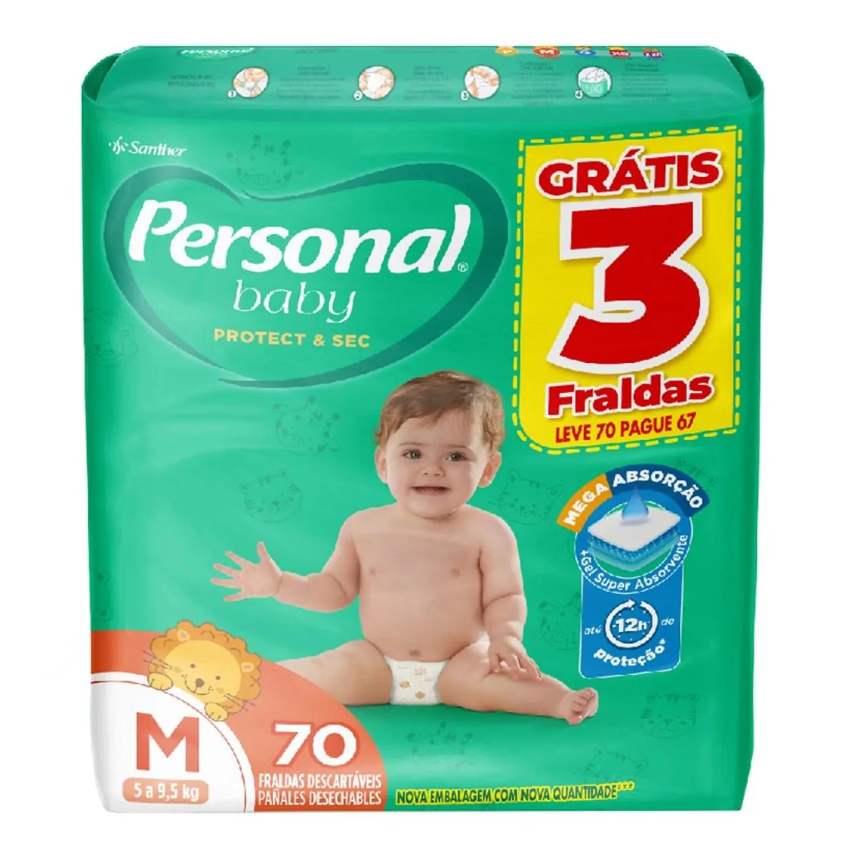 Fralda Descartável Personal Baby Protect Sec M Pacote Leve 70 Pague 67 Unidades